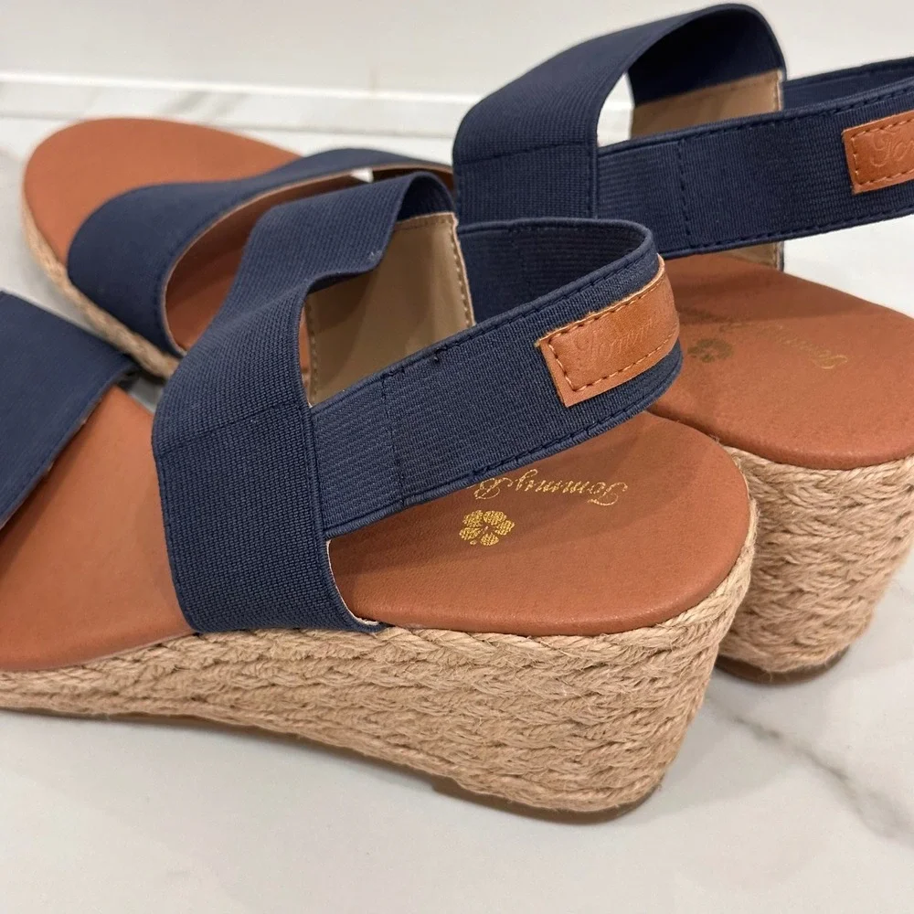 Tommy Bahama Sakura Wedge Espadrilles Heel Sandals Navy Blue Vacation Boho 9.5 M